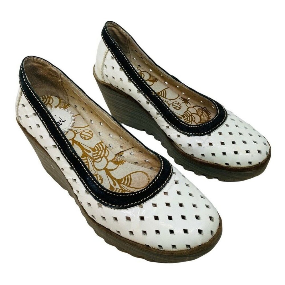 Fly London Yobe Perforated Leather Wedge Shoes 37 6.5 6 White Leather Ar…